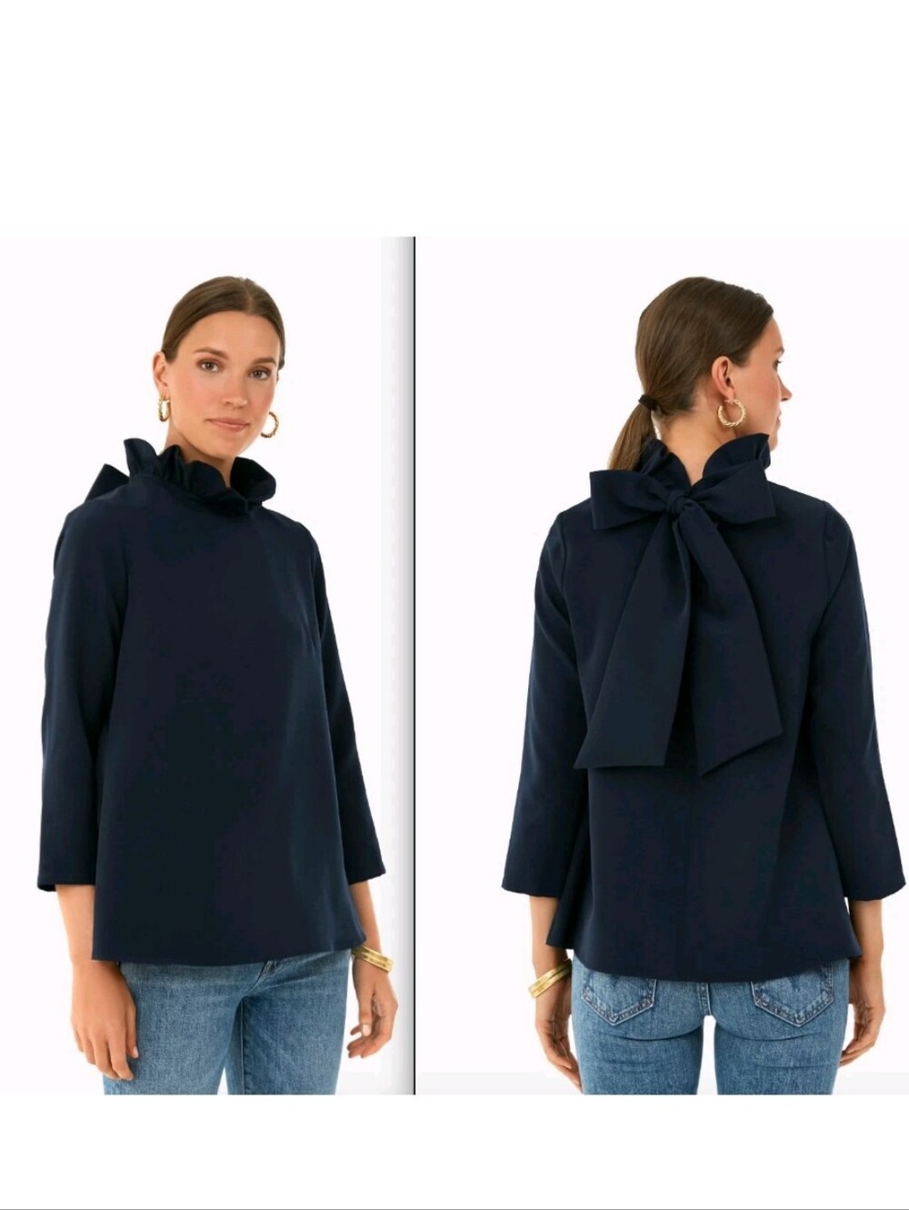 Pomander Place by Tuckernuck Faye Blouse Sz XL Navy Blue Swing Top Ruffle Collar